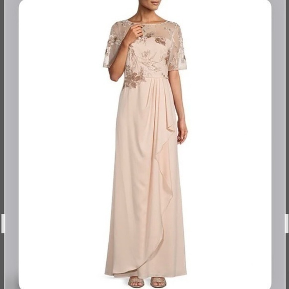 Adrianna Papell Boat Neck Floral Embroidery Crepe Satin Gown in Joyful Blush